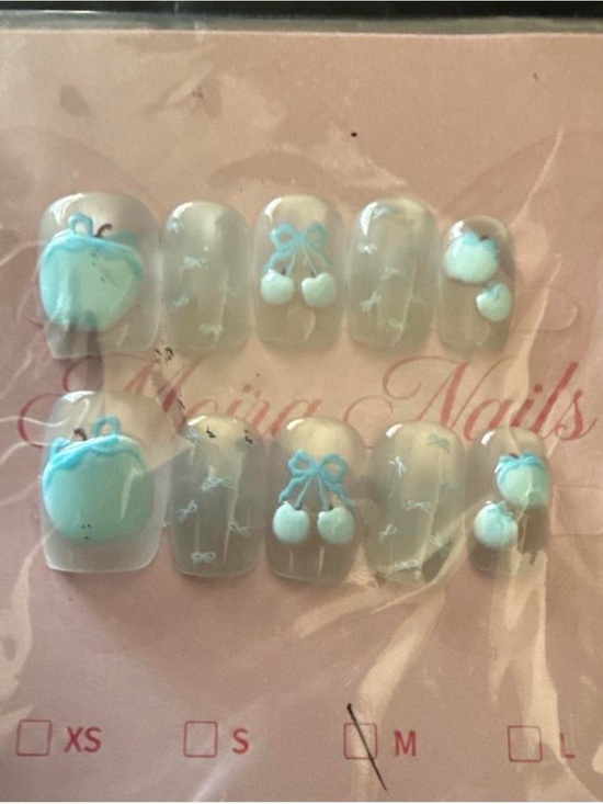 Other - Press-On Nails with Light Blue 3D Cherry Accents
